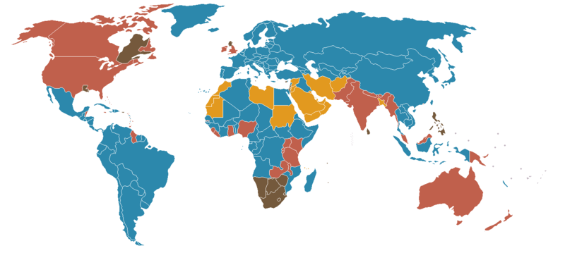 World map showing common law, civil law, customary law, hybrid, and Fiqh (Islamic) legal systems